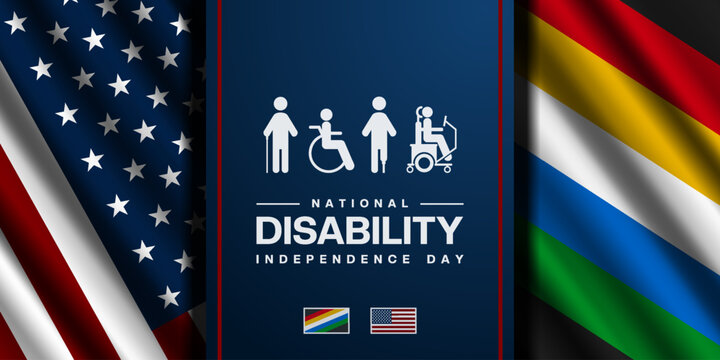 July Is National Disability Independence Day. American,  disability flag and disability icon. Suitable for posters, banners and social media. Blue background.