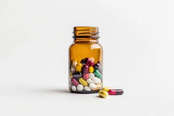 Translucent Amber Medicine Bottle Containing Assorted Multicolored Capsules and Tablets on a Clean White Surface