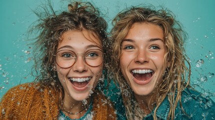Two women playfully splashing water at each other on a light teal background, fun and lively moment