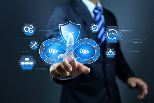 Software developer dev sec ops engineer using tablet to applied agile methodology development security operations programming technology to business data analysis