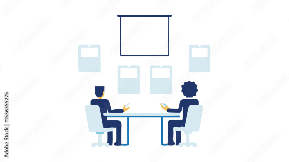 Poster a business meeting with presentation slides and two people collaborating at a table with minimal