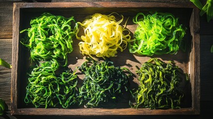 Variety of Vibrant Green Seaweed Strands Laid Out on a Wooden Tray in Natural Sunlight 