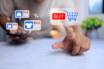 online shopping concept with a man touch on virtual screen to buy and add to cart during a sale festival and discount on shopping platform promotion
