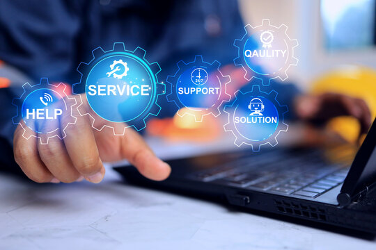 services concept with engineer using laptop computer to monitoring customer request to investigate and ready to take action solving problem in customer site