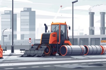 Urban road construction scene. Flat illustration of a road roller, construction pipes, and city buildings