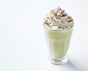 Pistachio milkshake with whipped cream, grated chocolate on white background. Shooting from above at 45 degree angle with copy space, soft studio light