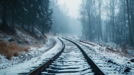 Winding Railroad Rails Fading Away Amidst a Fog-Shrouded Winter Forest