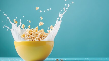 Yellow Bowl of Cereal with Milk Splash on Soft Aqua Blue Background