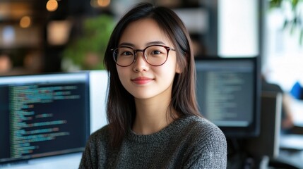 A young Asian female software developer is portrayed in a modern workspace, exuding confidence and professionalism while coding on a computer.