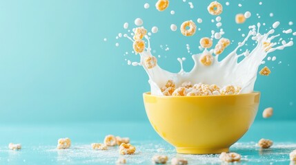 Yellow Bowl of Cereal with Milk Splash on Soft Aqua Blue Background