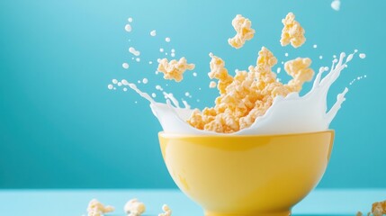 Yellow Bowl of Cereal with Milk Splash on Soft Aqua Blue Background