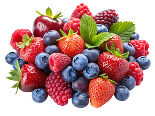 Fototapeta premium assorted berries including strawberries raspberrie isolated on white background PNG,AI GENERATED