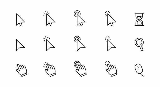 Set of computer mouse click cursor isolated on white background. Cursors linear black icons click collection. Zooming, arrow, hourglass, hand pointer symbol. Vector illustration