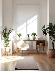 Bright minimalist Scandinavian living room interior with natural sunlight and houseplants