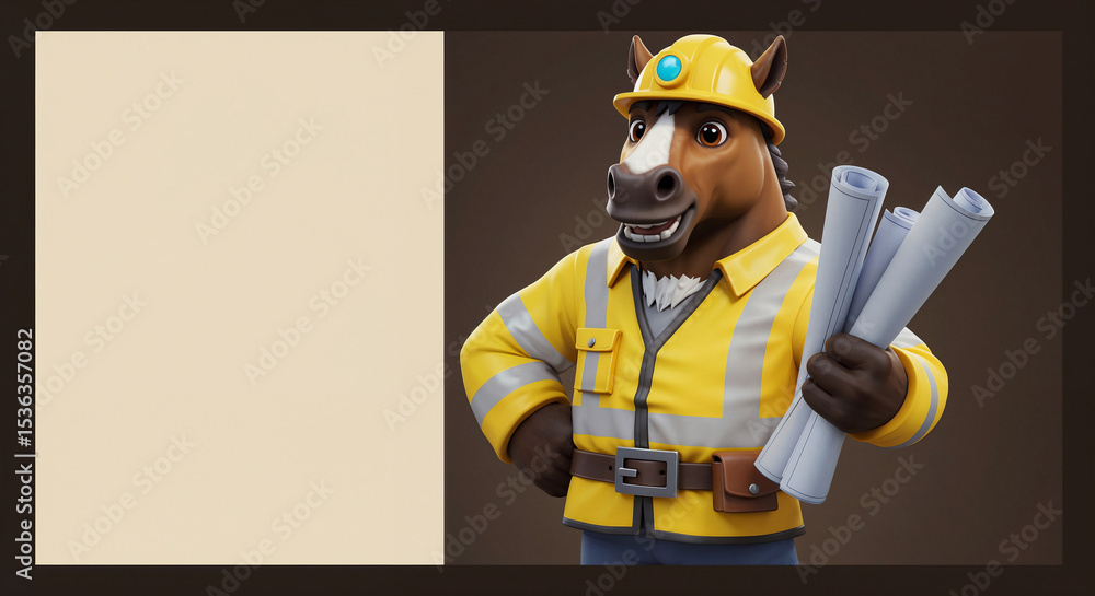 Poster a horse in a builder's suit with blueprints stands next to an empty banner, space for text or advert