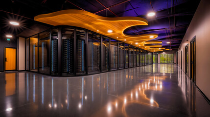 Futuristic data center with towering black server racks