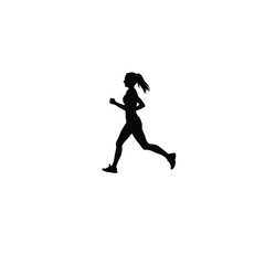 woman running silhouette black, ponytail motion on white background
