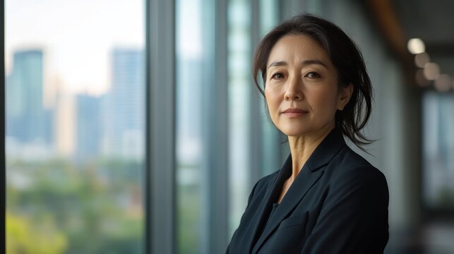 A middle-aged East Asian woman poses confidently in a professional setting, exuding elegance and determination. The soft light enhances her refined presence against an urban backdrop. - Powered by Adobe