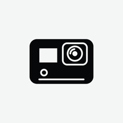 Simple black and white action camera icon with flat, modern style. Bold lines, rounded edges, lens and screen details on white background. Ideal for tech, media, and UI design.