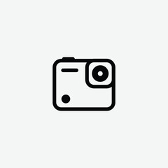 Simple black and white action camera icon with flat, modern style. Bold lines, rounded edges, lens and screen details on white background. Ideal for tech, media, and UI design.