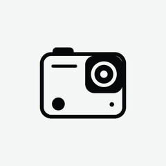 Simple black and white action camera icon with flat, modern style. Bold lines, rounded edges, lens and screen details on white background. Ideal for tech, media, and UI design.