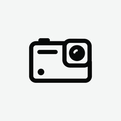 Simple black and white action camera icon with flat, modern style. Bold lines, rounded edges, lens and screen details on white background. Ideal for tech, media, and UI design.