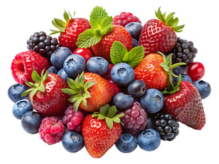 Obraz premium assorted berries including strawberries raspberrie isolated on white background PNG,AI GENERATED