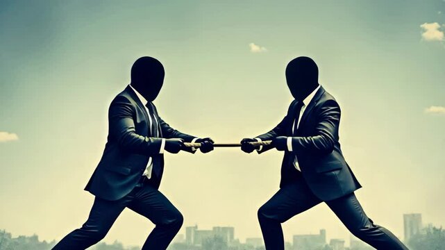 Business conflict concept, Two faceless figures in suits clash with a rod against a city backdrop.