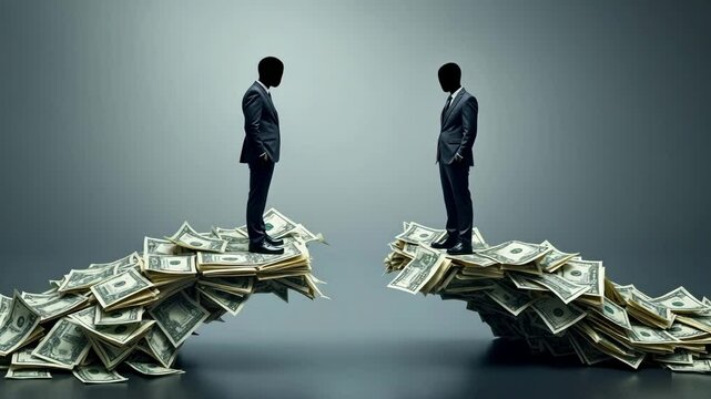 Business conflict concept, Two businessmen stand on stacks of money, representing wealth and competition.