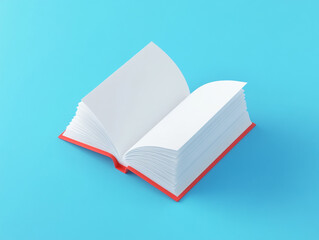 A vibrant, minimalistic image featuring an open book with a red spine and blank white pages, set against a light blue background.