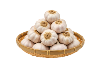 Aromatic Garlic Bulbs in a Woven Basket isolated on transparent baackground
