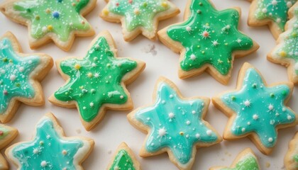 Colorful Star-Shaped Cookies Decorated With Icing and Sprinkles Displayed on a White Surface During a Festive Gathering