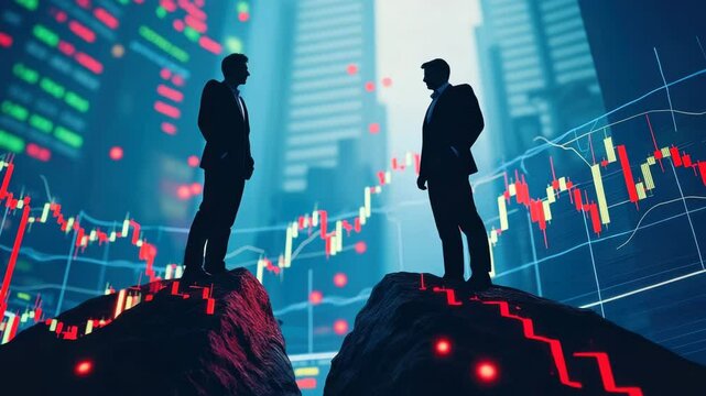 Business conflict concept, Two businessmen silhouette on rocks with stock market graphs in the background.