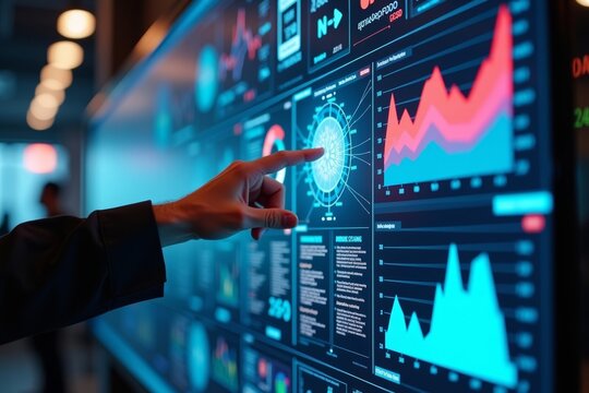 A person engaging with high-tech touchscreen display showcasing colorful data visuals and graphs in the realm of big data science