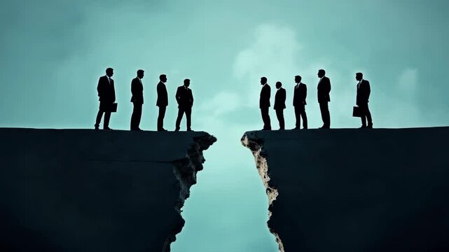 Business conflict concept, Silhouetted figures on opposite sides of a chasm against a blue background.