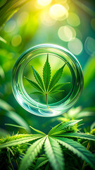 Cannabis leaves with sunlight filtering through greenery, creating a vibrant, glowing effect.