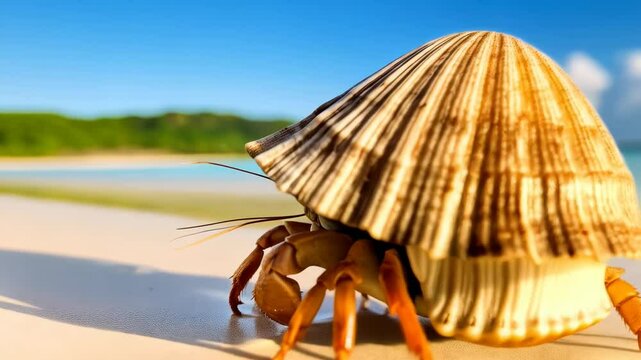 Detailed view of a hermit crab carrying a seashell on a sandy beach with bright blue water and skies in the background on a sunny day.