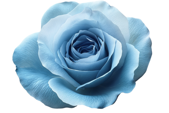 Vibrant blue rose with dew-kissed petals isolated on transparent PNG background in high resolution for versatile cutout use in floral illustrations, wedding stationery, and digital art projects