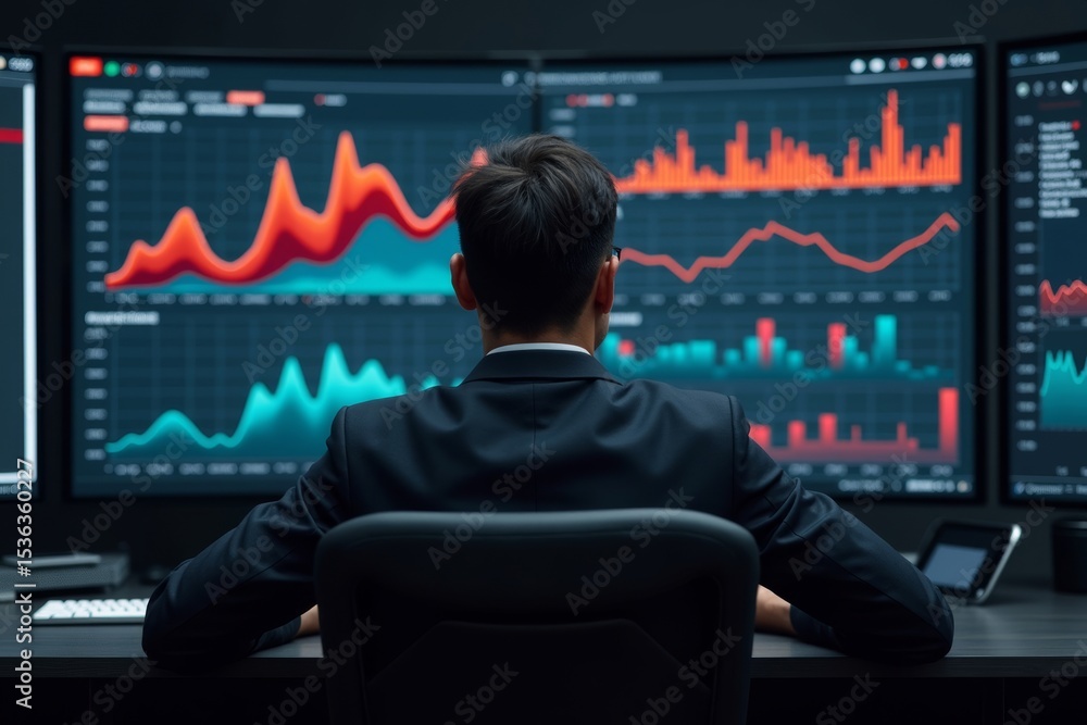 Poster focused and determined businessman in suit and glasses analyzing colorful graphs and charts on sleek