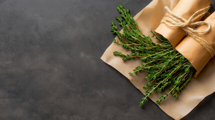 Fresh thyme wrapped in parchment paper on rustic surface