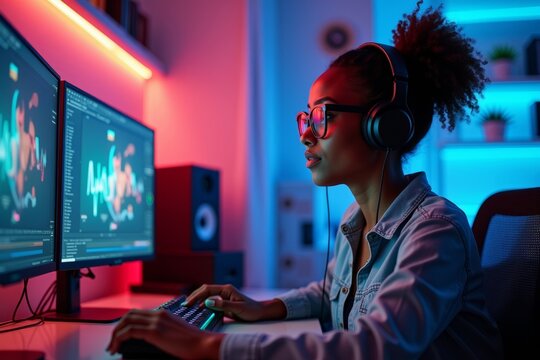 Visionary Young African American Woman Editing Video in Trendy Workspace - Powered by Adobe