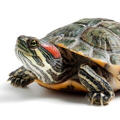 Close-up of a vibrant turtle resting on a white surface, showcasing its detailed shell and features