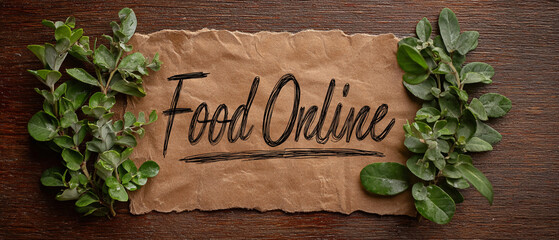Food online text on brown paper with greenery on a wooden background top view shot