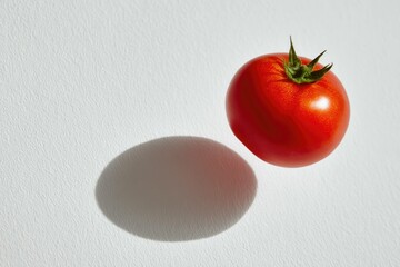 Single tomato floating above white surface with shadow