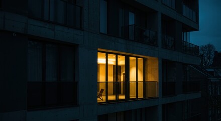 Glowing apartment window amidst twilights embrace
