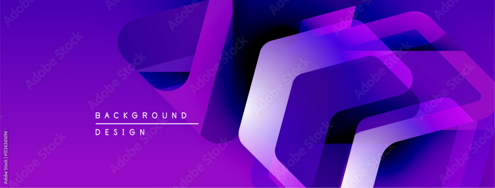 Poster Abstract purple background features overlapping geometric shapes. Gradient colors create dynamic visual effect. Modern design element.