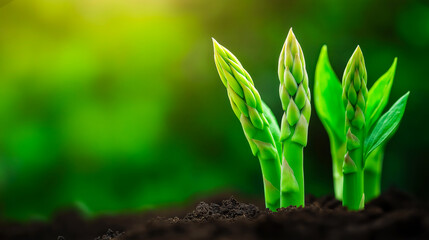 Young asparagus shoots sprouting from rich garden soil