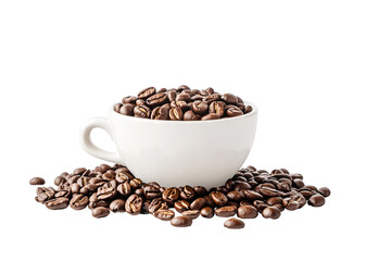 Fototapeta premium High-resolution ceramic cup overflowing with freshly roasted coffee beans PNG cutout on transparent background for versatile café menu graphics, beverage packaging design, and digital art compositions