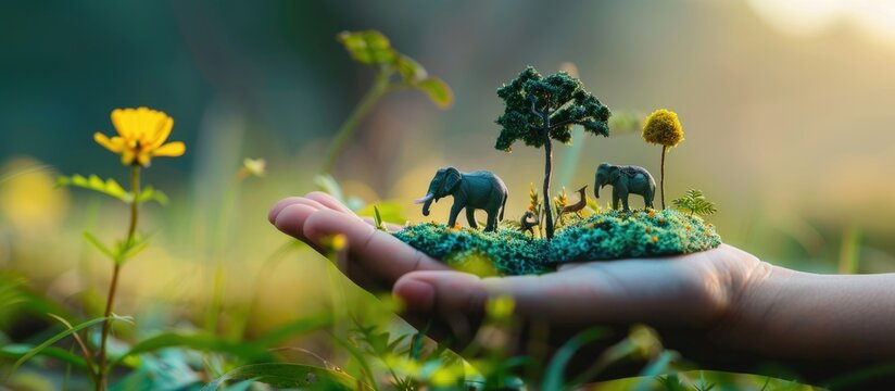 A hand holds miniature wildlife including an elephant and giraffe on top of a tree in a green field with a yellow flower background for World Wildlife Day. - Powered by Adobe