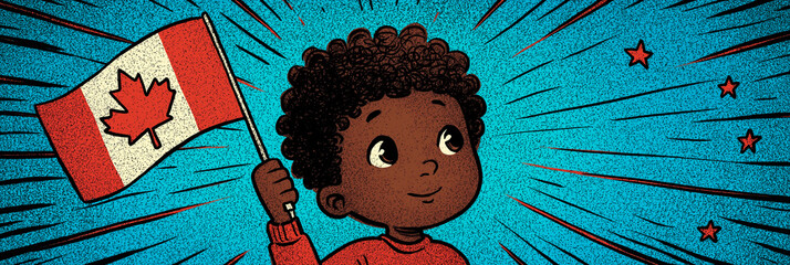 Cartoony art of smiling Black child celebrating Canada Day with flags